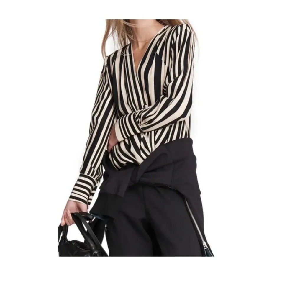 Rag & Bone Black Cream Stripe Long Sleeve Blouse 100% Silk Size L  V-Neck